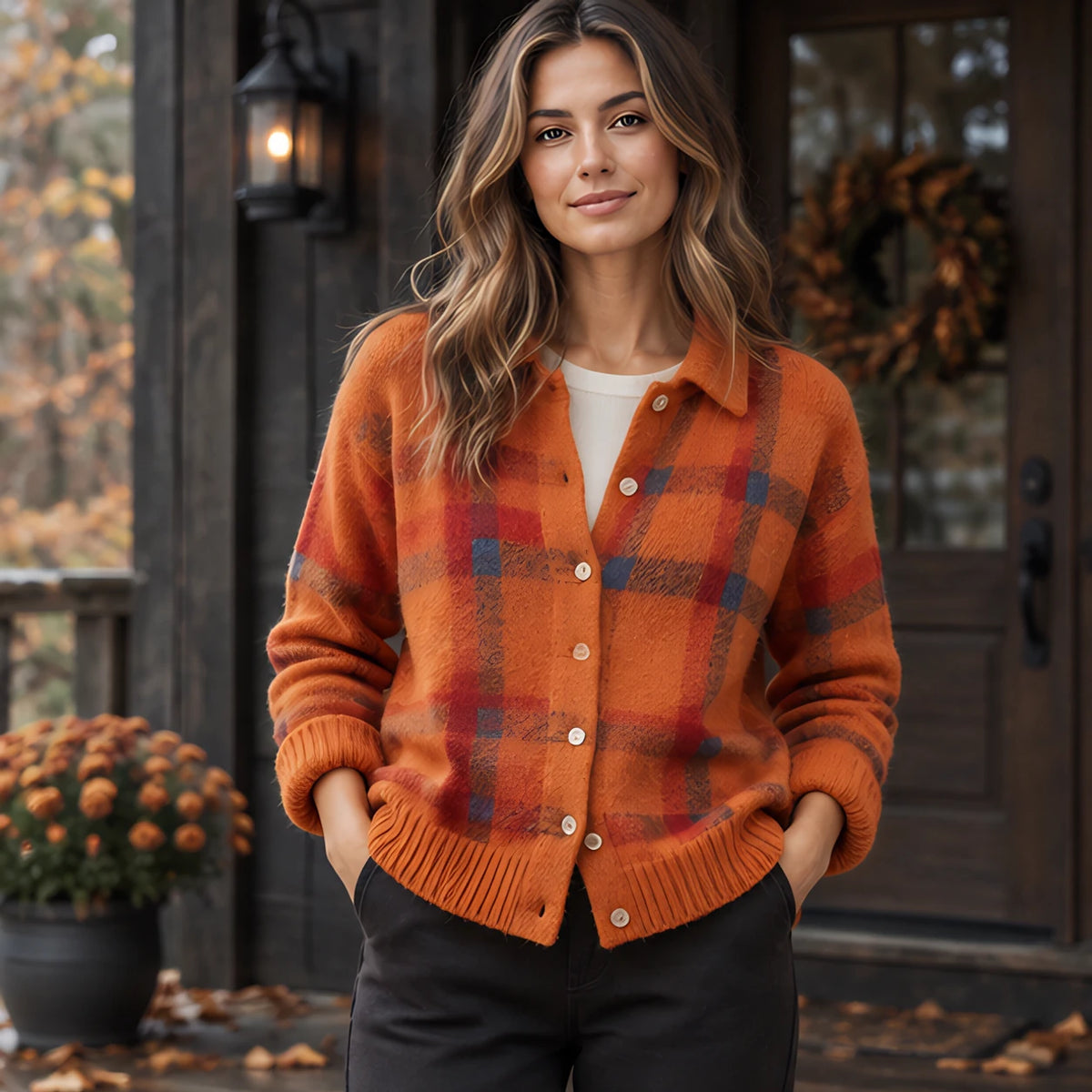 Josette Women's Plaid Knit Cardigan - Orange - Clothing > Cardigan > Casual > Knit > Plaid - Hendlys - Image 1