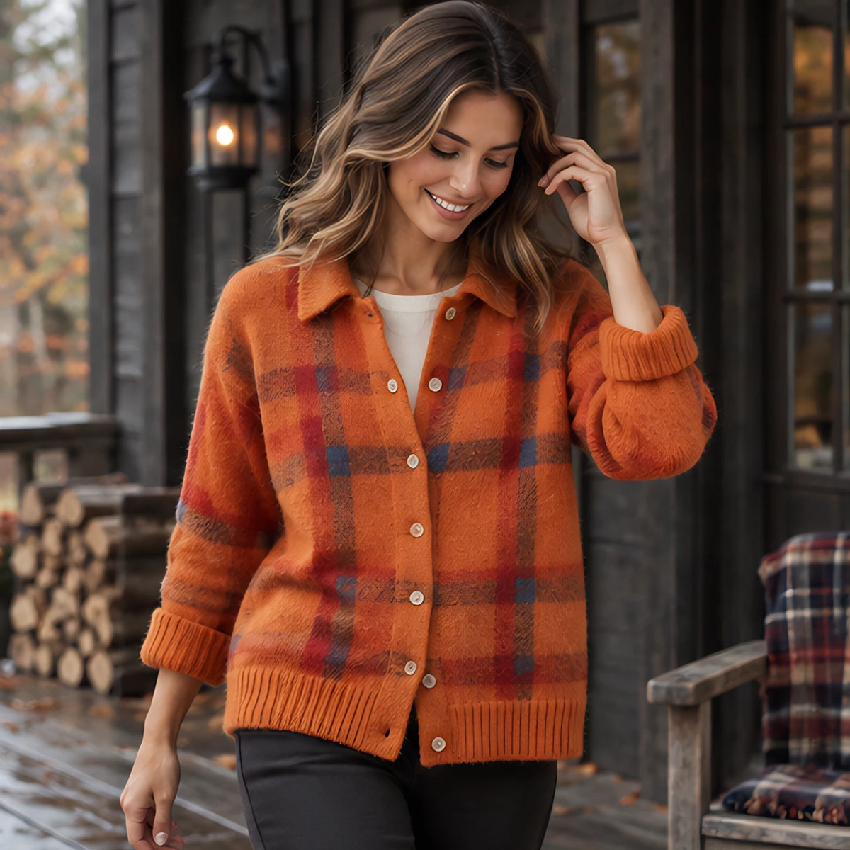 Josette Women's Plaid Knit Cardigan - Orange - CLO - Hendlys - Image 2