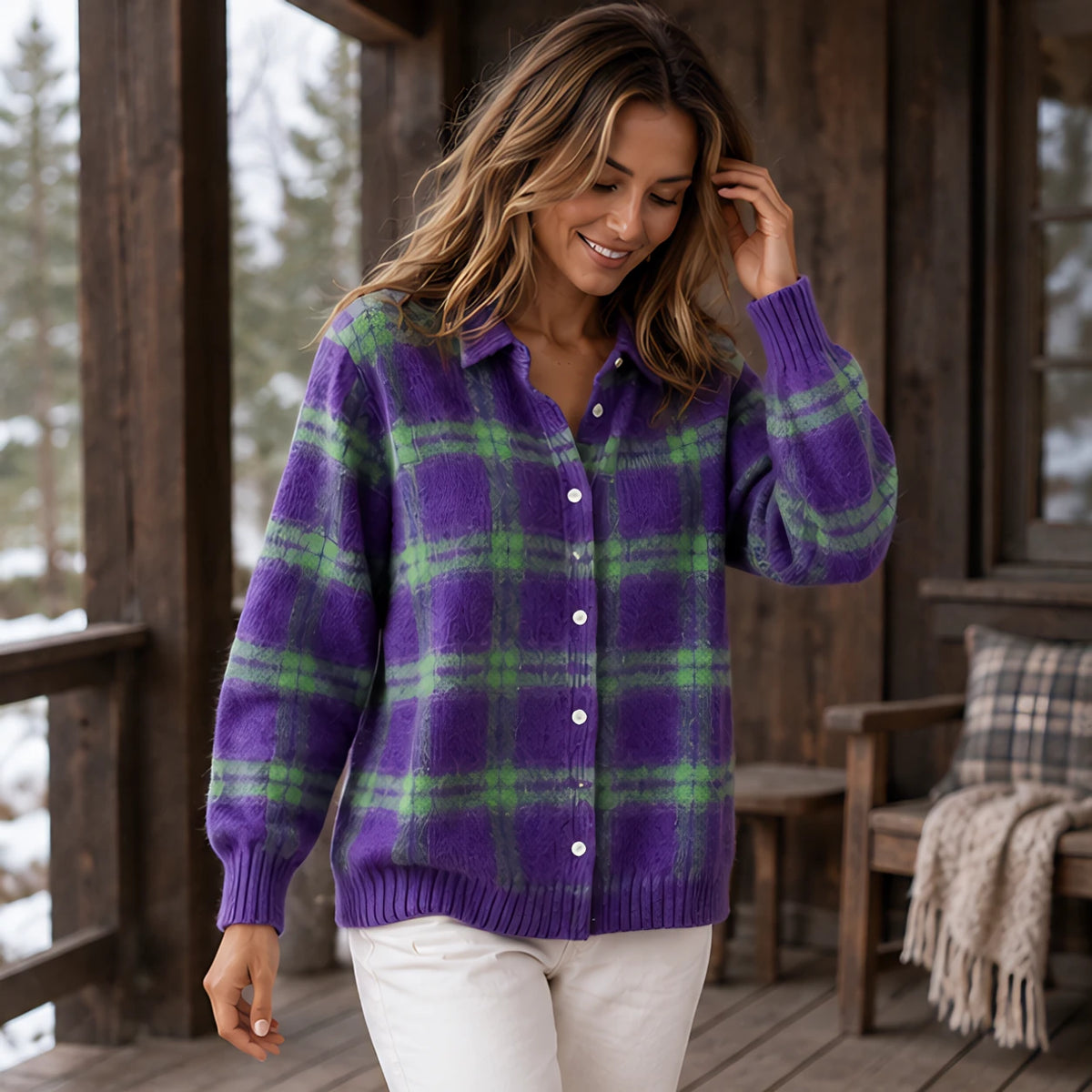 Josette Women's Plaid Knit Cardigan - Purple Green - CLO - Hendlys - Image 2