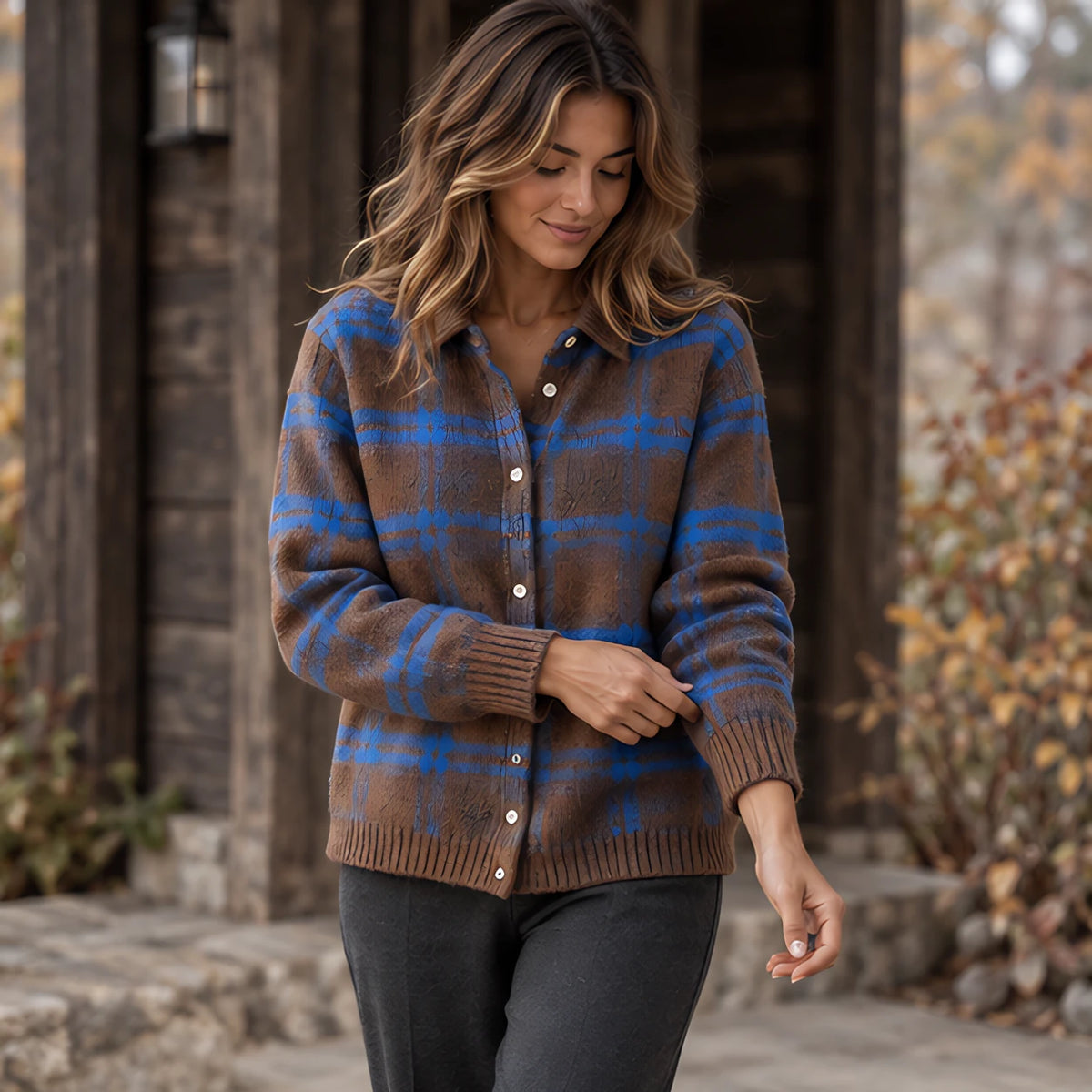 Josette Women's Plaid Knit Cardigan - Coffee Brown - CLO - Hendlys - Image 2
