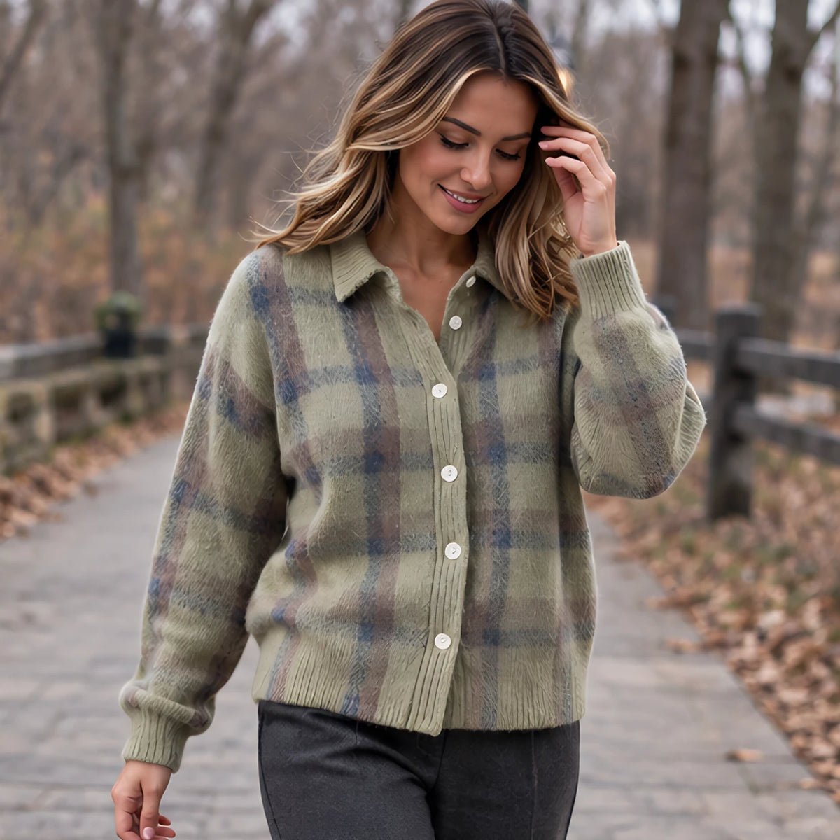 Josette Women's Plaid Knit Cardigan - Sage Multi - CLO - Hendlys - Image 2