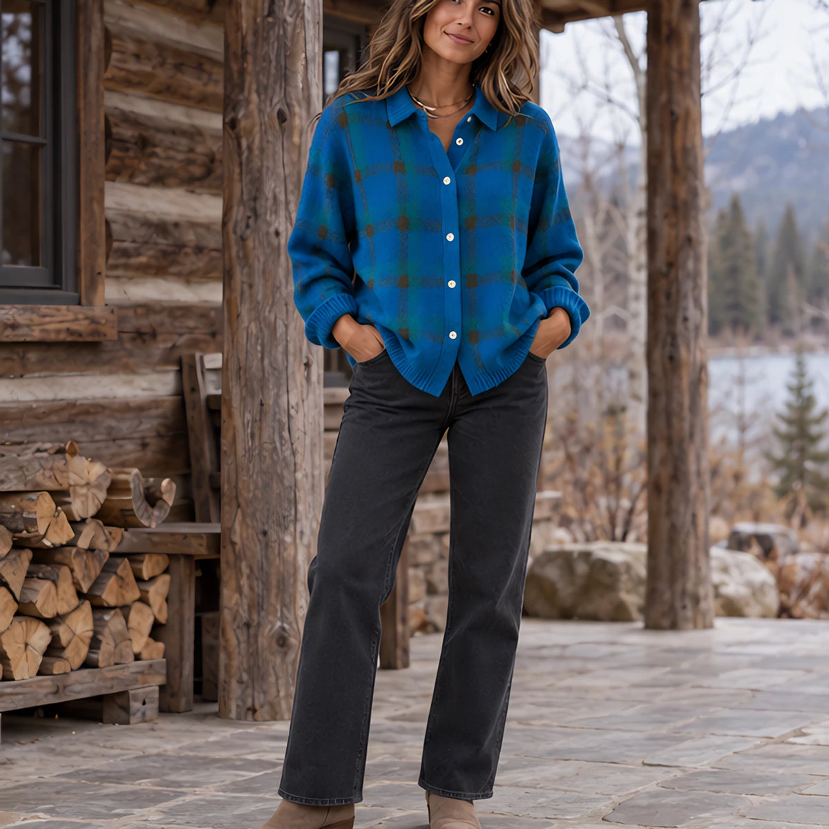 Josette Women's Plaid Knit Cardigan - Teal Green - Clothing > Cardigan > Casual > Knit > Plaid - Hendlys - Image 1