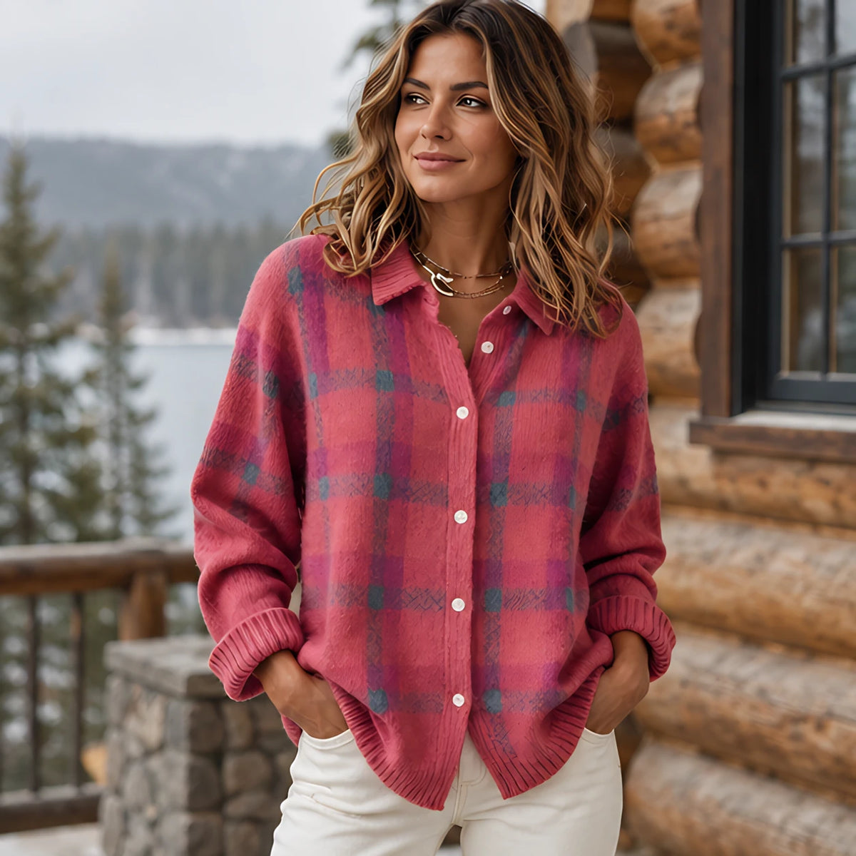 Josette Women's Plaid Knit Cardigan - Coral Pink - Clothing > Cardigan > Casual > Knit > Plaid - Hendlys - Image 1