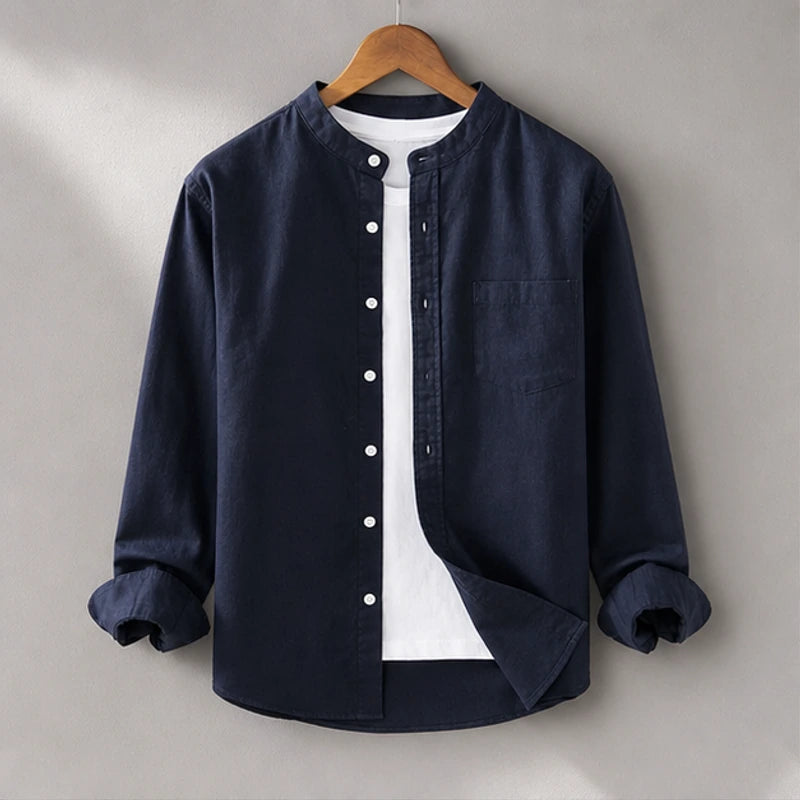 Amalfi Linen Mandarin Collar Shirt - Navy - Shirt - Hendlys - Image 1