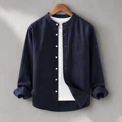 Amalfi Linen Mandarin Collar Shirt - Navy - Shirt - Hendlys - Image 1