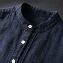 Amalfi Linen Mandarin Collar Shirt - Navy - linen shirt - Hendlys - Image 3