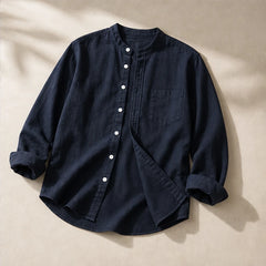 Amalfi Linen Mandarin Collar Shirt - Navy - mandarin collar - Hendlys - Image 4