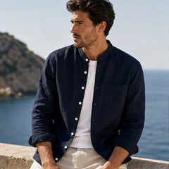 Amalfi Linen Mandarin Collar Shirt - Navy - button-front - Hendlys - Image 5