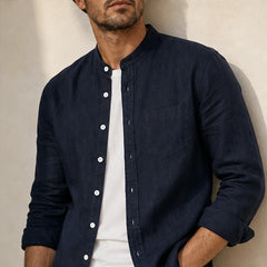Amalfi Linen Mandarin Collar Shirt - Navy - lightweight - Hendlys - Image 6
