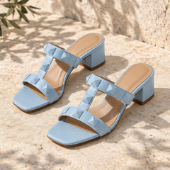 Karina Women's Leather T-Strap Block-Heel Sandals - Baby Blue - leather shoes - Hendlys - Image 2