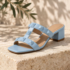 Karina Women's Leather T-Strap Block-Heel Sandals - Baby Blue - Women's Footwear > Sandals > Block Heel Sandals - Hendlys - Image 1