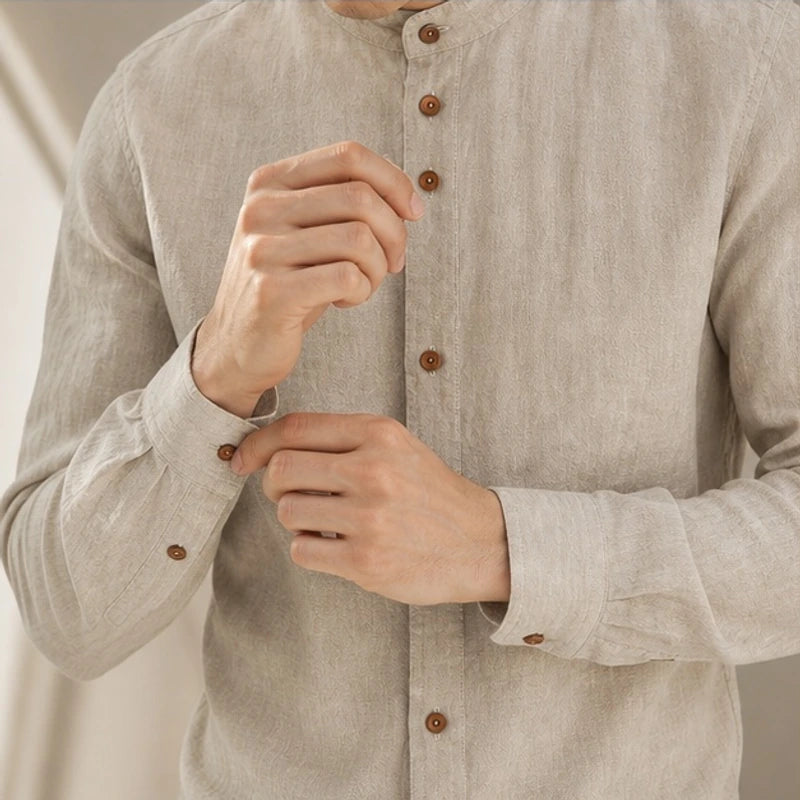 Kiato Mandarin Collar Linen Shirt - Natural - linen shirt - Hendlys - Image 2