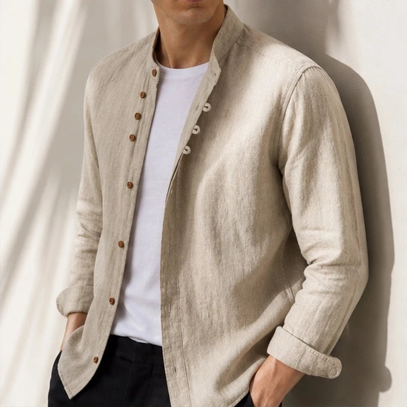 Kiato Mandarin Collar Linen Shirt - Natural - Shirt - Hendlys - Image 1