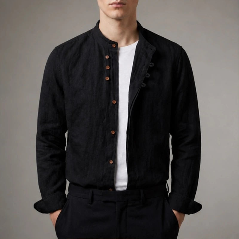 Kiato Mandarin Collar Linen Shirt - Black - linen shirt - Hendlys - Image 2