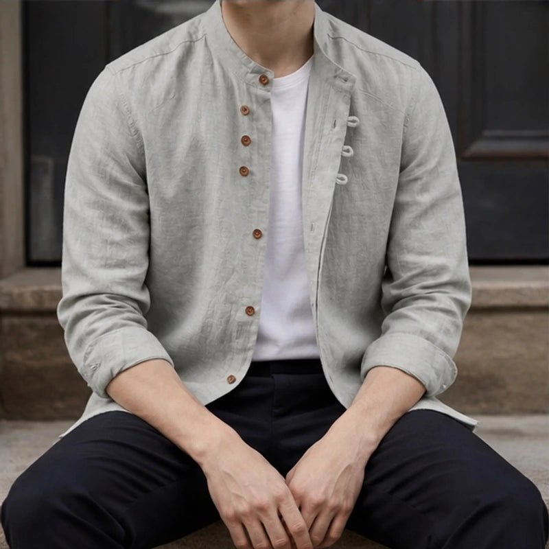 Kiato Mandarin Collar Linen Shirt - Heather Gray - Shirt - Hendlys - Image 1
