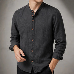 Kiato Mandarin Collar Linen Shirt - Charcoal Gray - Shirt - Hendlys - Image 1