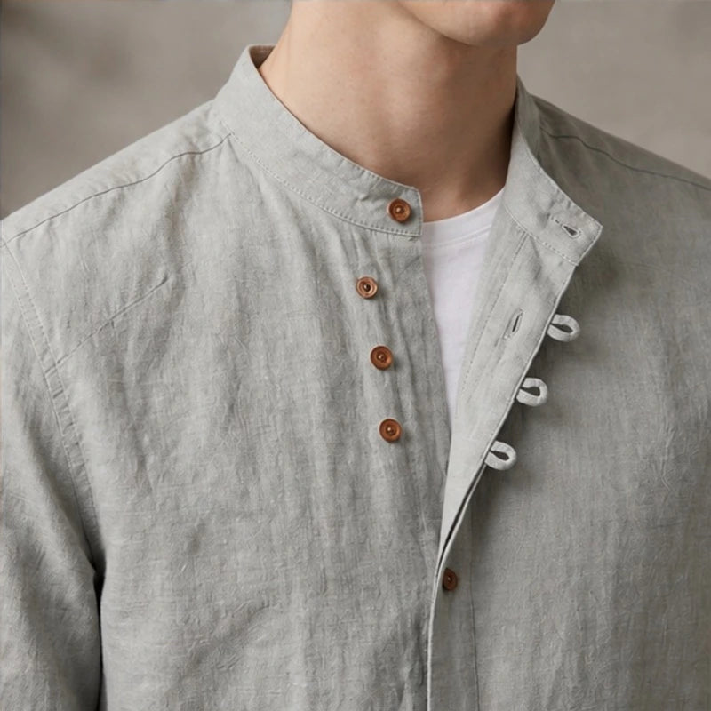 Kiato Mandarin Collar Linen Shirt - Heather Gray - linen shirt - Hendlys - Image 2