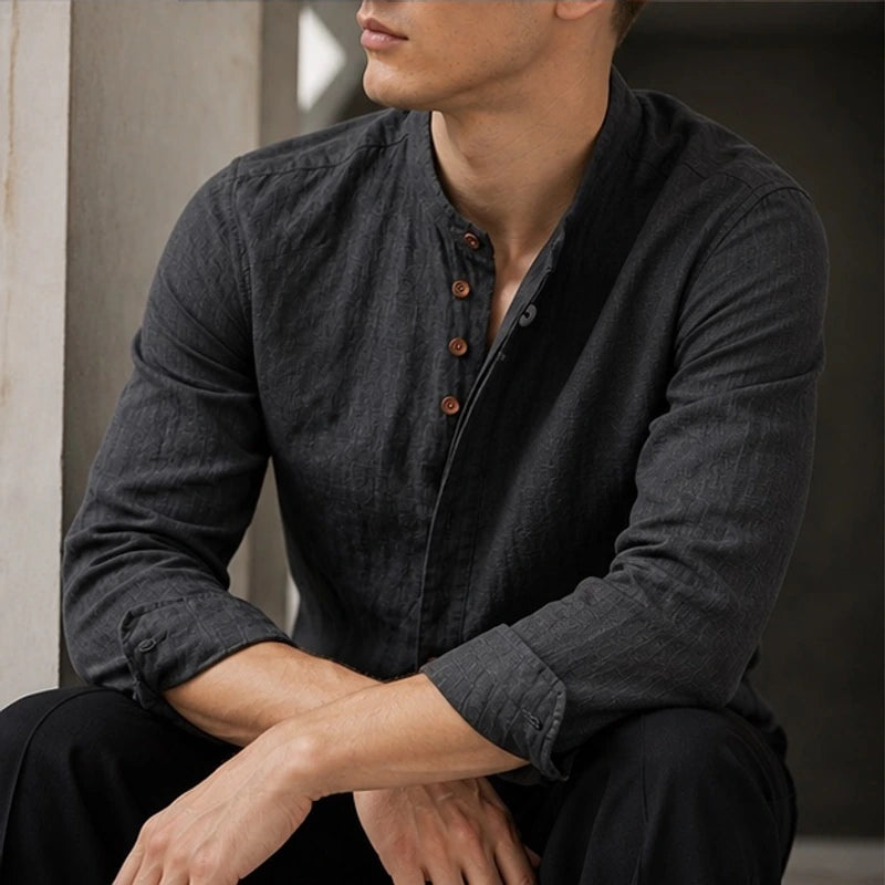 Kiato Mandarin Collar Linen Shirt - Charcoal Gray - linen shirt - Hendlys - Image 2