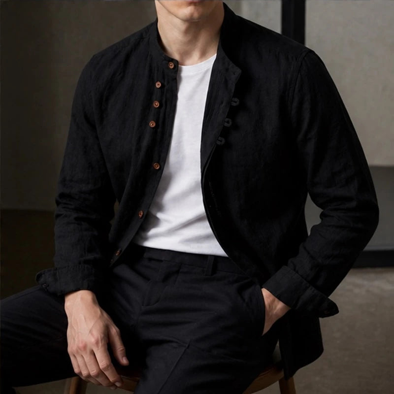 Kiato Mandarin Collar Linen Shirt - Black - Shirt - Hendlys - Image 1