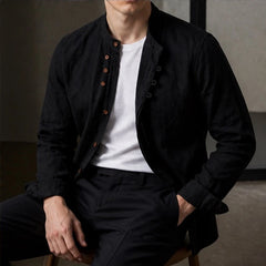 Kiato Mandarin Collar Linen Shirt - Black - Shirt - Hendlys - Image 1