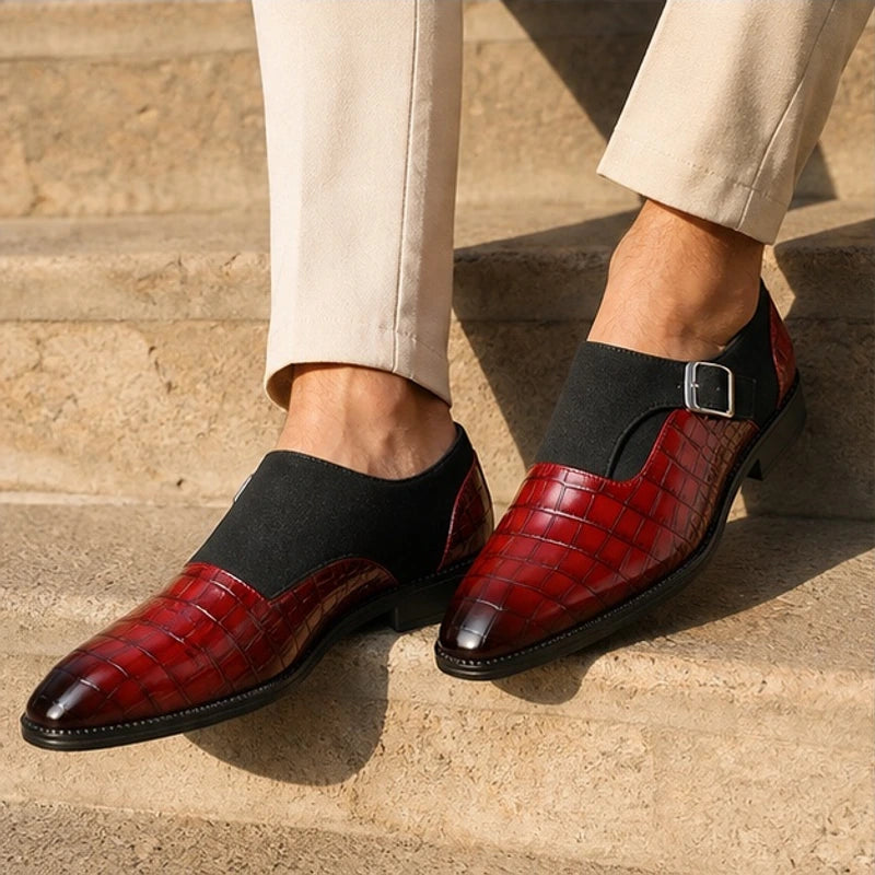 Kilburn Croc-Embossed Leather Monk Strap Loafers - Burgundy - Shoes - Hendlys - Image 3