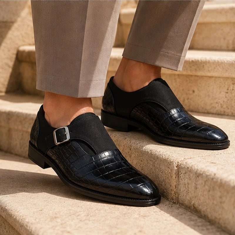 Kilburn Croc-Embossed Leather Monk Strap Loafers - Black - Shoes - Hendlys - Image 3