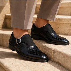 Kilburn Croc-Embossed Leather Monk Strap Loafers - Black - Shoes - Hendlys - Image 3