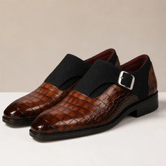 Kilburn Croc-Embossed Leather Monk Strap Loafers - Brown - mens shoes - Hendlys - Image 2