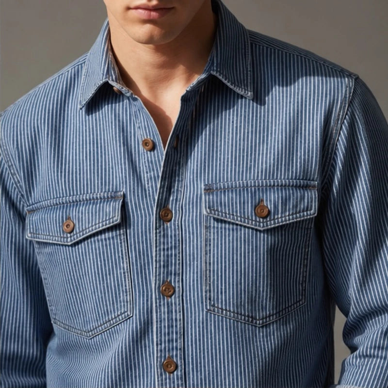 Lazaroa Striped Vintage Denim Shirt - Light Denim Blue - men's shirt - Hendlys - Image 2