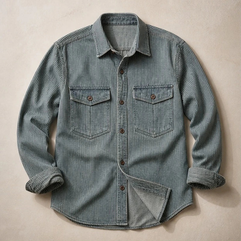 Lazaroa Striped Vintage Denim Shirt - Dusty Olive - denim shirt - Hendlys - Image 3