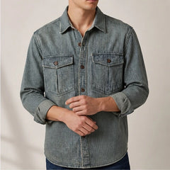 Lazaroa Striped Vintage Denim Shirt - Dusty Olive - Shirt - Hendlys - Image 1