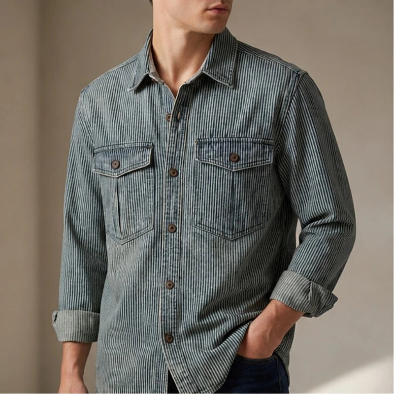 Lazaroa Striped Vintage Denim Shirt - Dusty Olive - men's shirt - Hendlys - Image 2