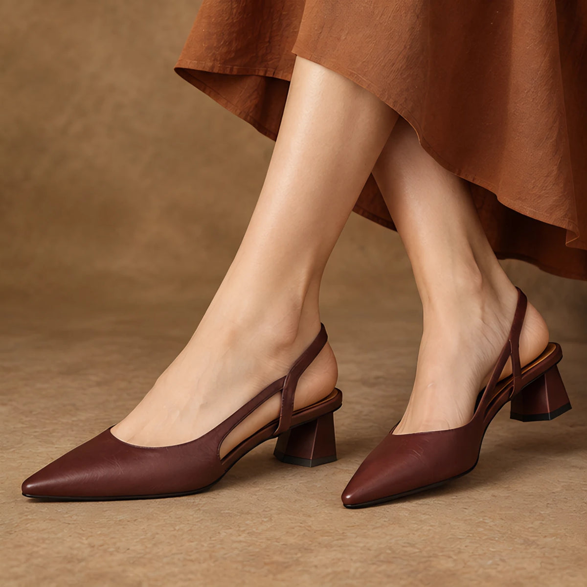 Leonette Women's Low Block-Heel Slingback Pumps - Brown - Women's Footwear > Heels > Slingback Pumps - Hendlys - Image 4