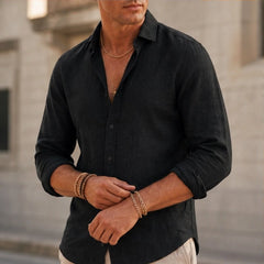 Lorenzo Relaxed Fit Cotton Linen Shirt - Black - Men's Clothing > Shirts > Long Sleeve Shirts - Hendlys - Image 1