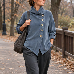Lorraine Women's Funnel-Collar Corduroy Blouse - Slate Blue - CLO - Hendlys - Image 2