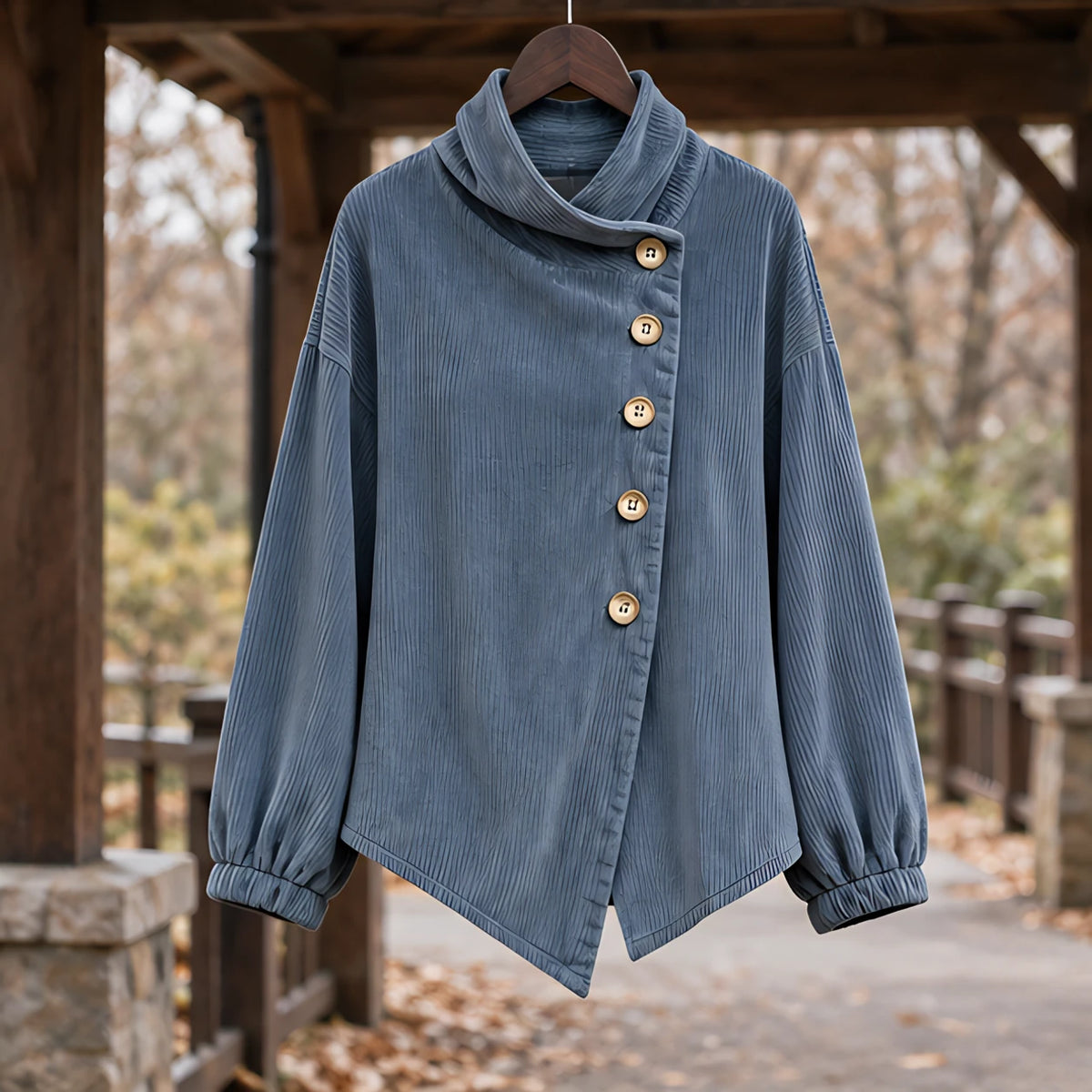 Lorraine Women's Funnel-Collar Corduroy Blouse - Slate Blue - CLO-TOP-BLOUSE - Hendlys - Image 3