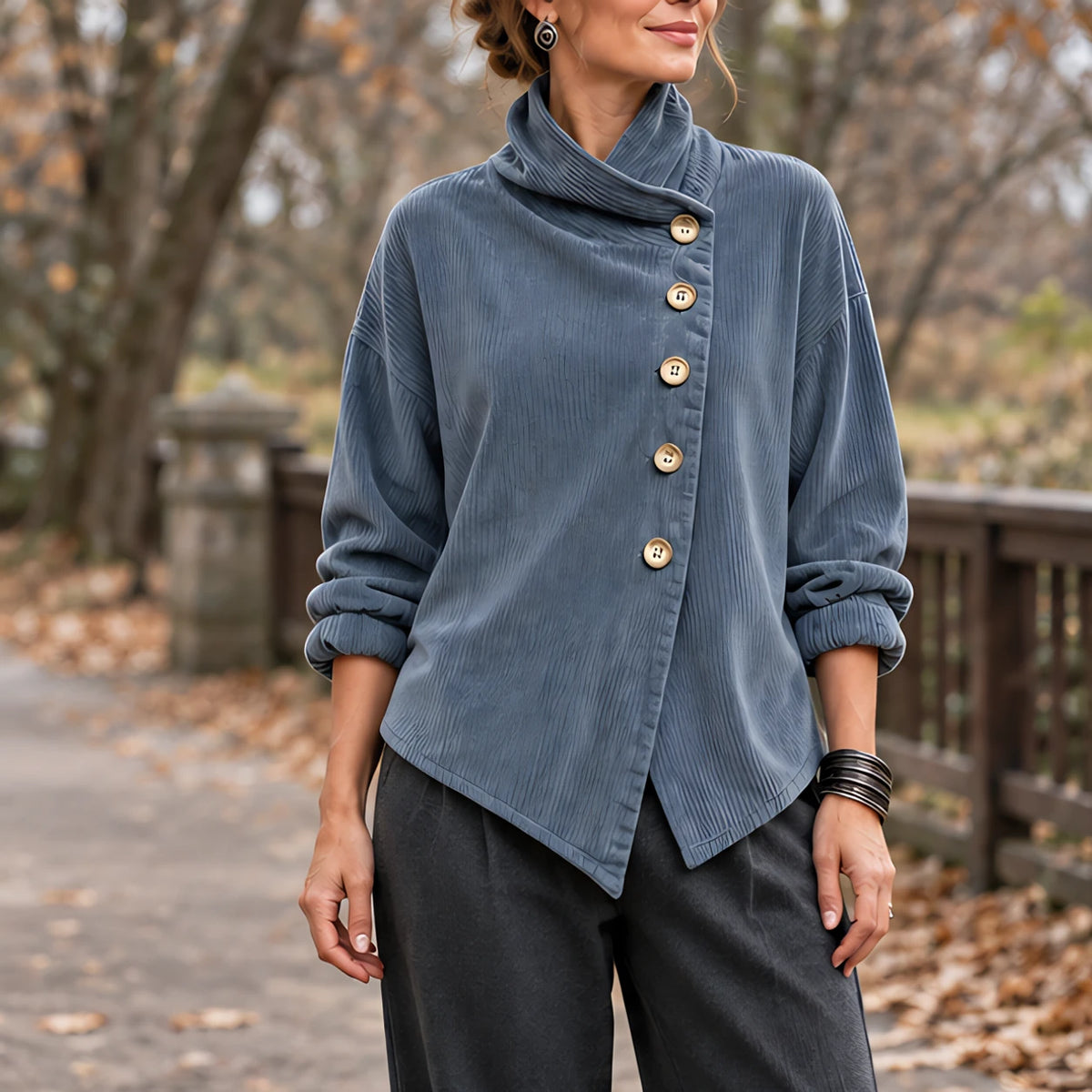 Lorraine Women's Funnel-Collar Corduroy Blouse - Slate Blue - Clothing > Blouse > Casual > Funnel Collar - Hendlys - Image 1