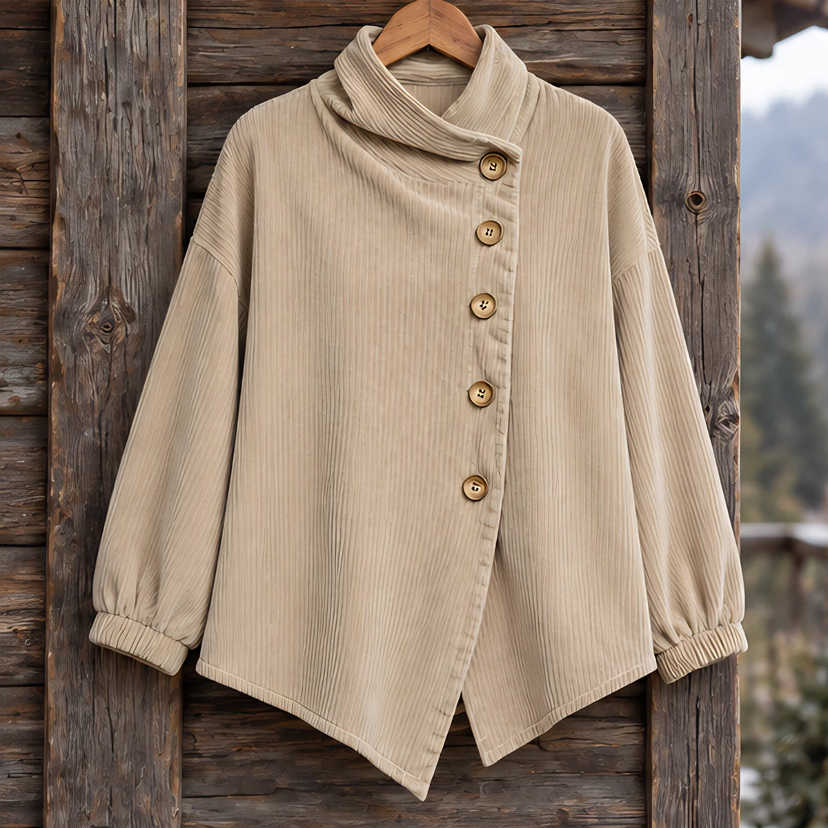 Lorraine Women's Funnel-Collar Corduroy Blouse - Beige - CLO-TOP-BLOUSE - Hendlys - Image 3