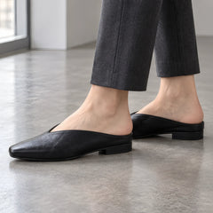 Lucille Women's Metallic Square-Toe Leather Flat Mules - Black - Women's Footwear > Flats > Mules - Hendlys - Image 1