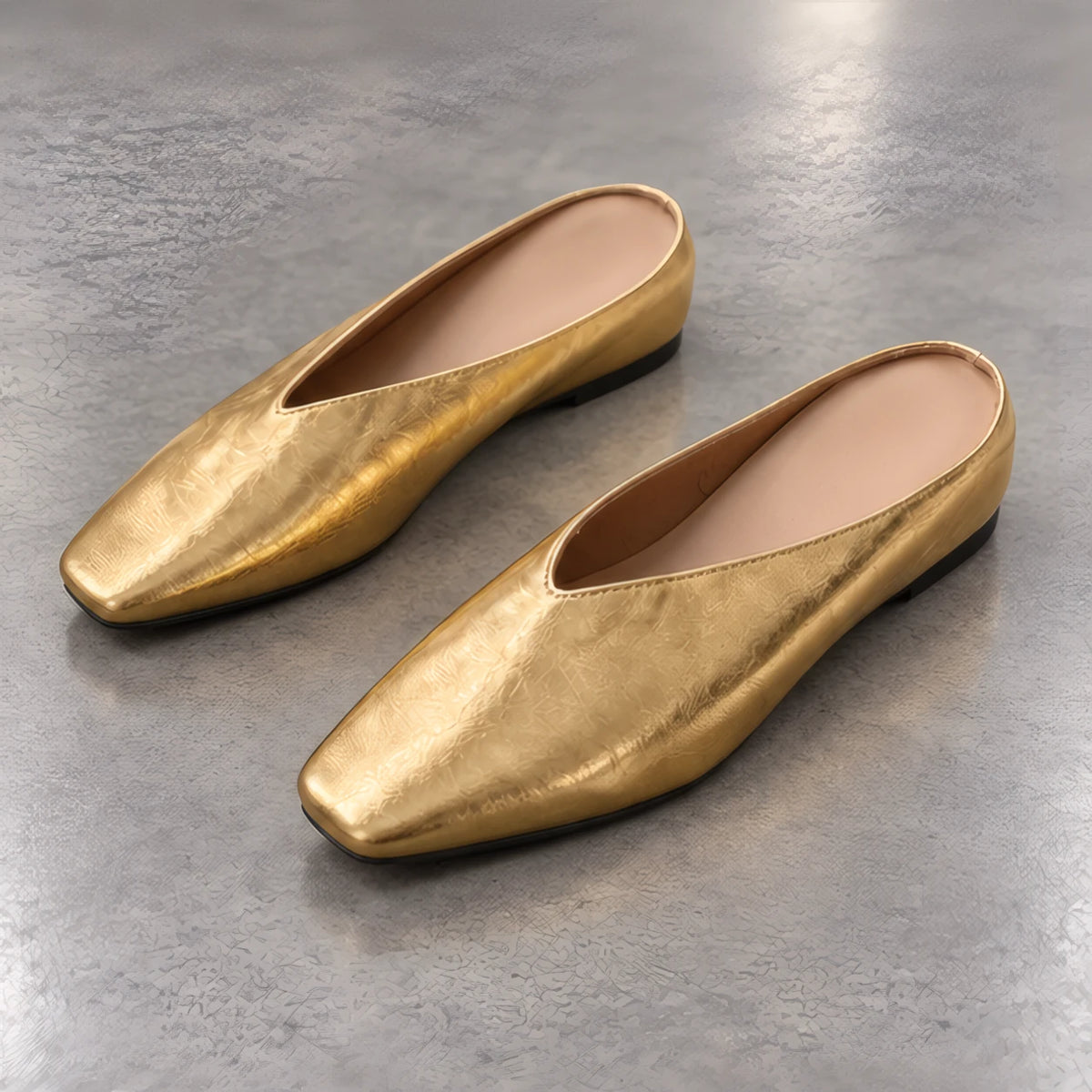 Lucille Women's Metallic Square-Toe Leather Flat Mules - Gold - wapfoot - Hendlys - Image 3