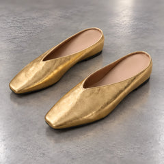 Lucille Women's Metallic Square-Toe Leather Flat Mules - Gold - wapfoot - Hendlys - Image 3