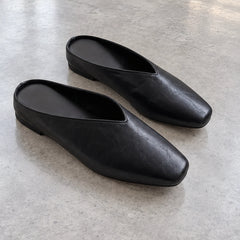 Lucille Women's Metallic Square-Toe Leather Flat Mules - Black - wapfoot - Hendlys - Image 3