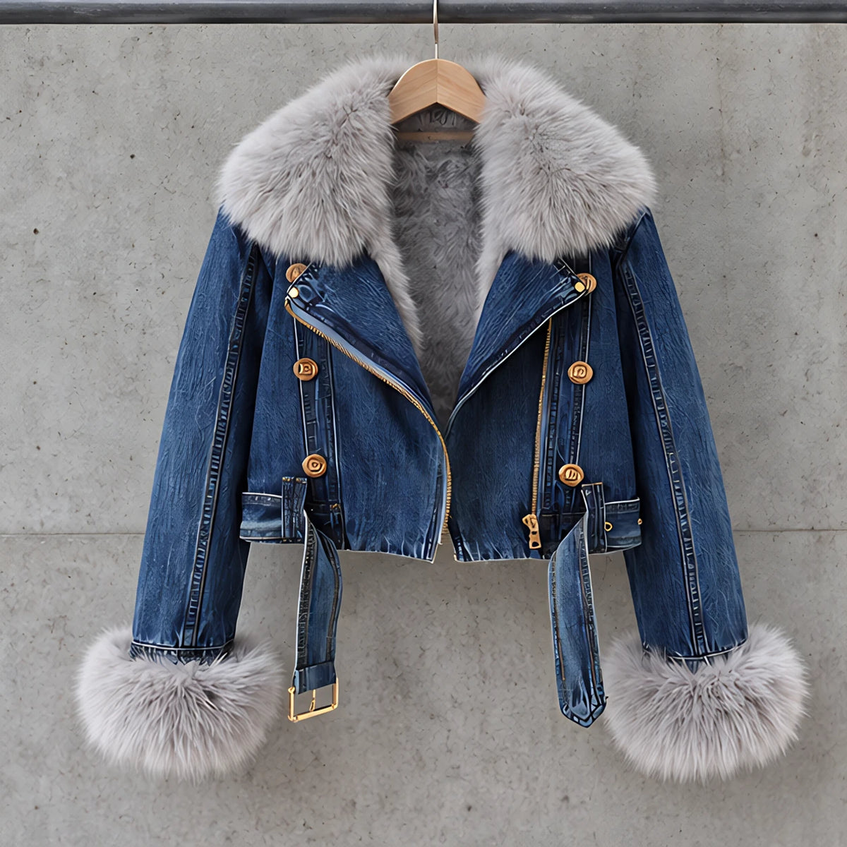 Lunessa Women's Fur-Collar Cropped Denim Jacket - Dark Blue - womens - Hendlys - Image 3