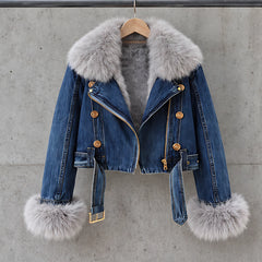 Lunessa Women's Fur-Collar Cropped Denim Jacket - Dark Blue - womens - Hendlys - Image 3