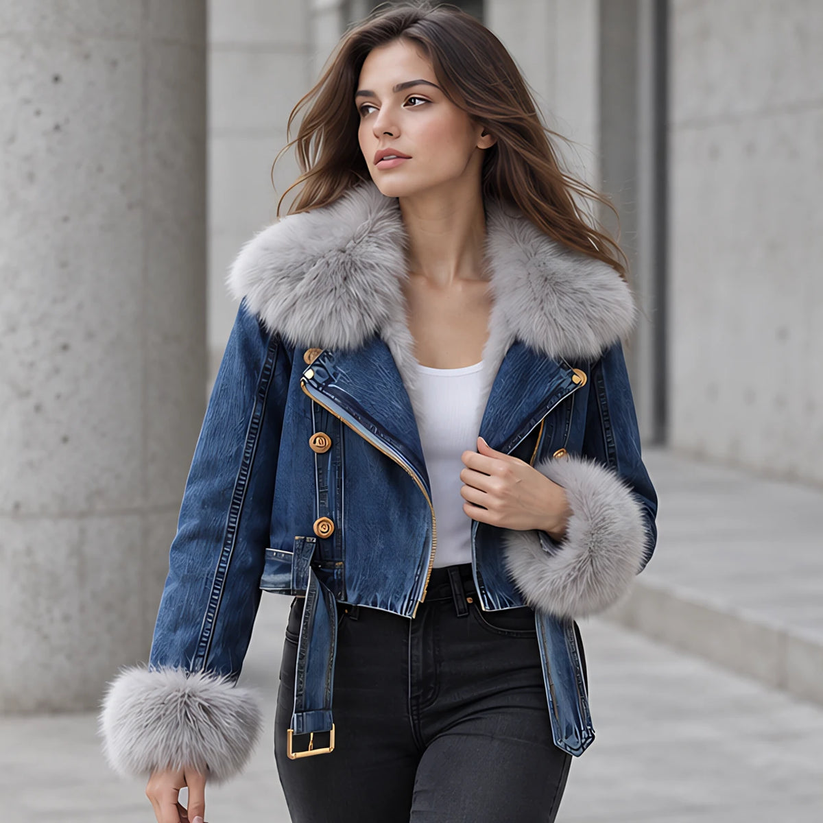 Lunessa Women's Fur-Collar Cropped Denim Jacket - Dark Blue - cny_stock - Hendlys - Image 2
