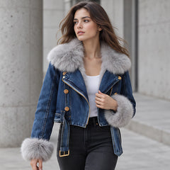 Lunessa Women's Fur-Collar Cropped Denim Jacket - Dark Blue - cny_stock - Hendlys - Image 2