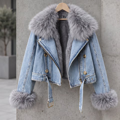 Lunessa Women's Fur-Collar Cropped Denim Jacket - Light Blue - womens - Hendlys - Image 3
