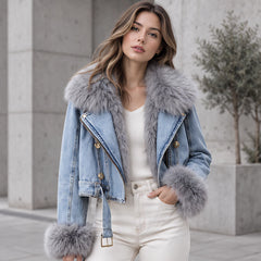 Lunessa Women's Fur-Collar Cropped Denim Jacket - Light Blue - Women's Clothing > Outerwear > Denim Jackets - Hendlys - Image 1