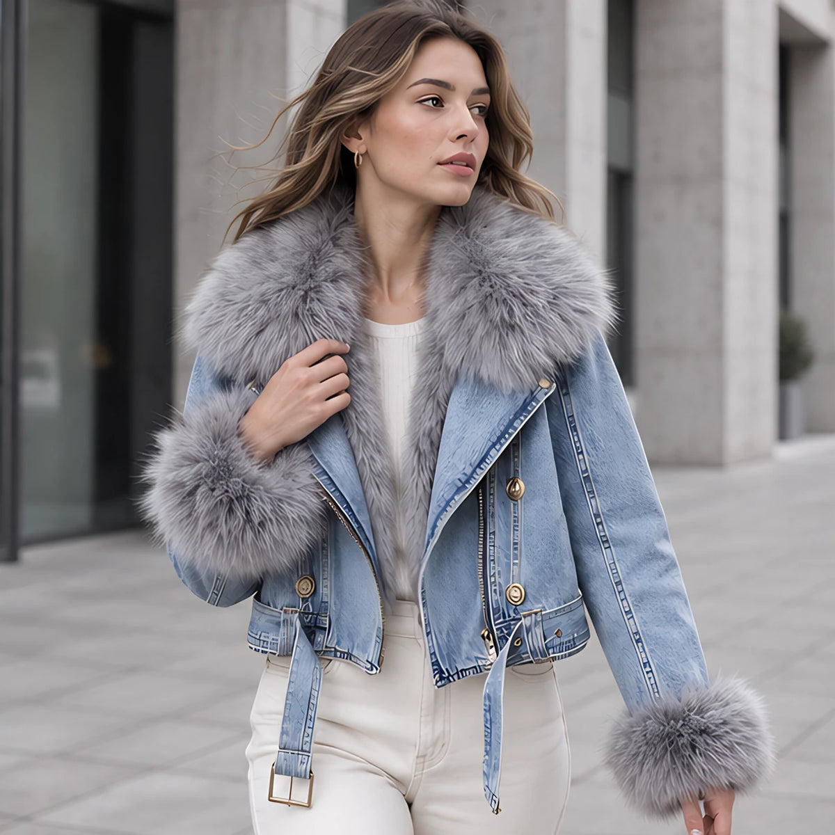 Lunessa Women's Fur-Collar Cropped Denim Jacket - Light Blue - cny_stock - Hendlys - Image 2