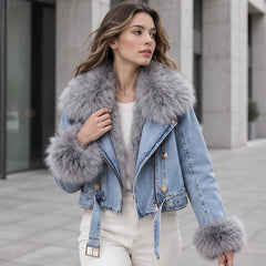 Lunessa Women's Fur-Collar Cropped Denim Jacket - Light Blue - cny_stock - Hendlys - Image 2